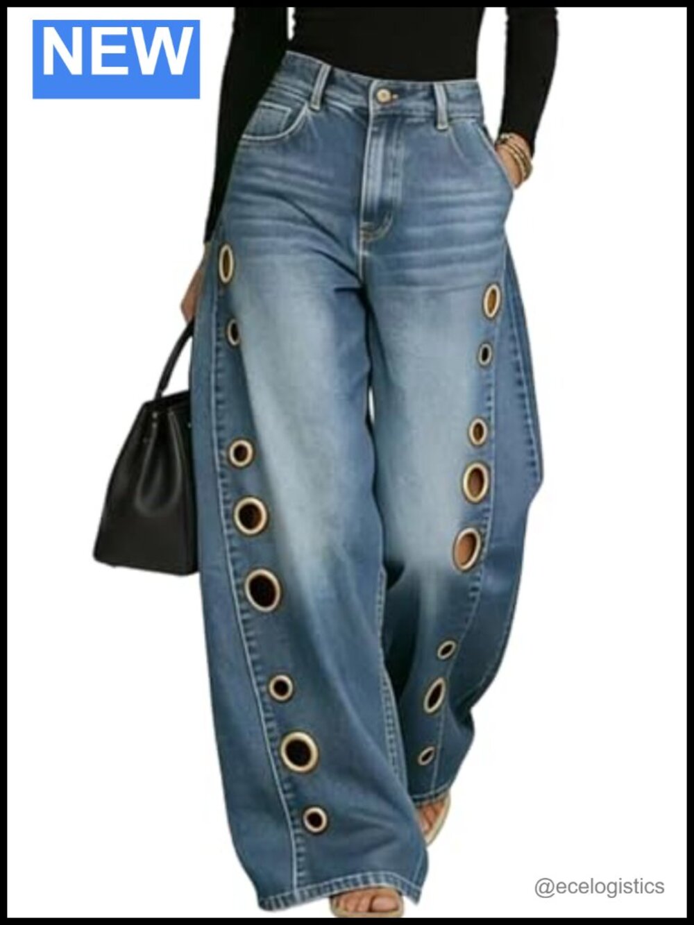 Wide Leg High Waisted Grommet Jeans for Women Stretchy Baggy Denim Pants